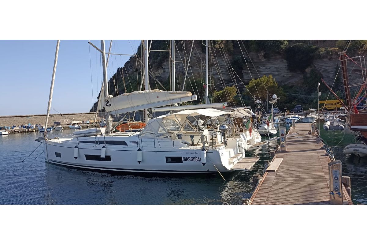 Exterior view of Scinachiena, a Beneteau Oceanis 46.1 sailboat at Castellammare di Stabia, Italy