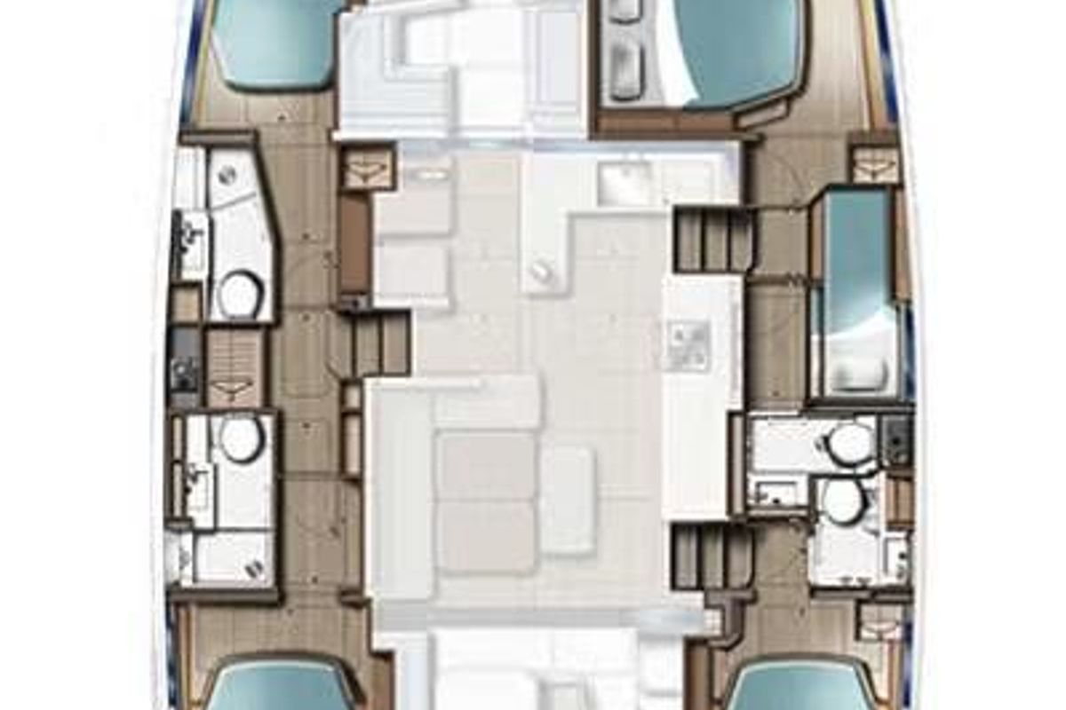 Floor plan of Why Not, a Leopard 46 catamaran at Tonnarella, Italy