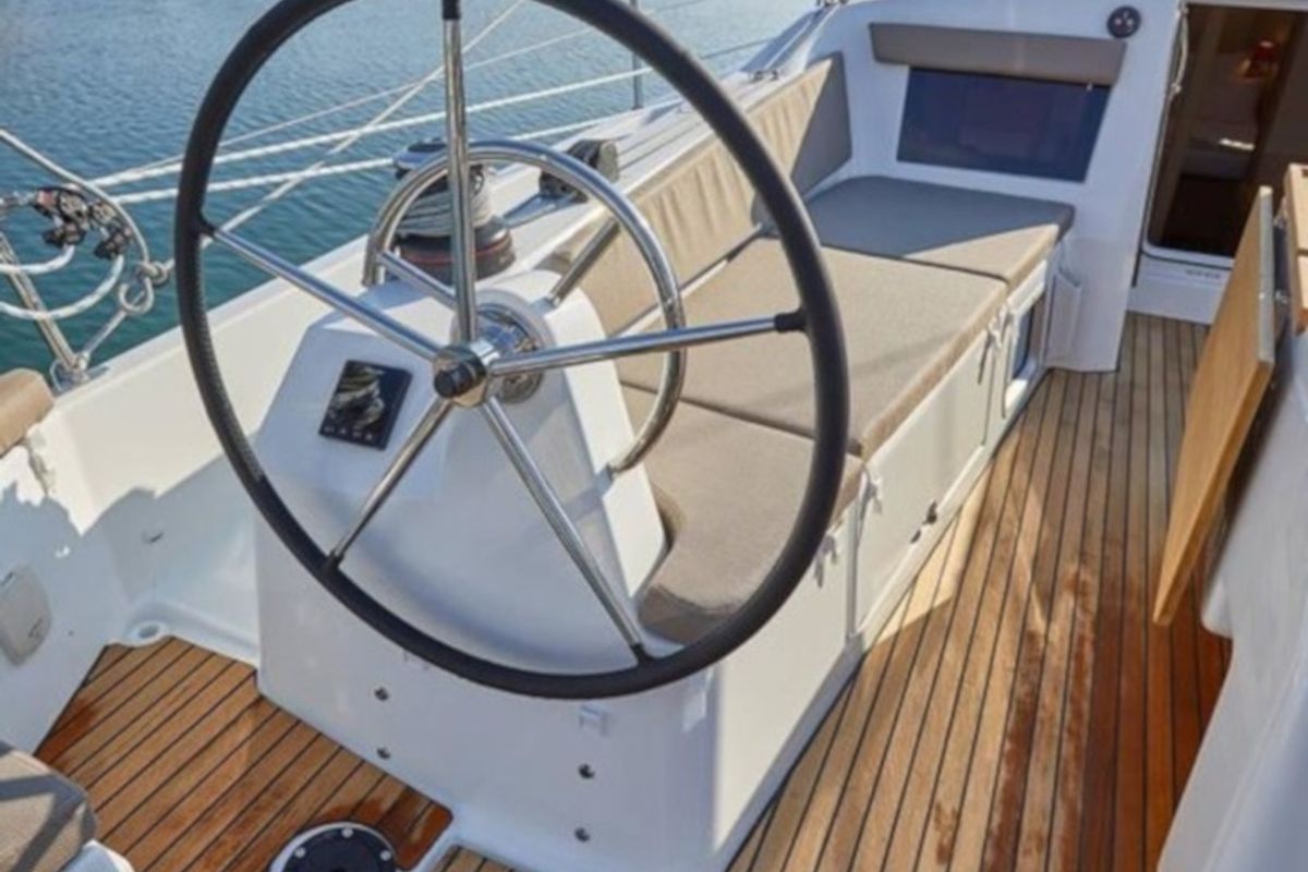 Cockpit of Chimera, a Jeanneau Sun Odyssey 410 sailboat at Municipal Unit of Lefkada, Greece