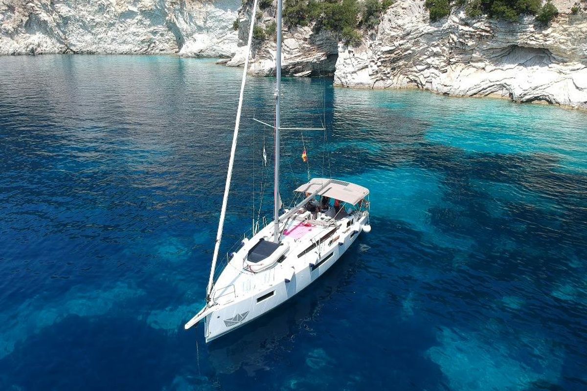 Exterior view of Chimera, a Jeanneau Sun Odyssey 410 sailboat at Municipal Unit of Lefkada, Greece