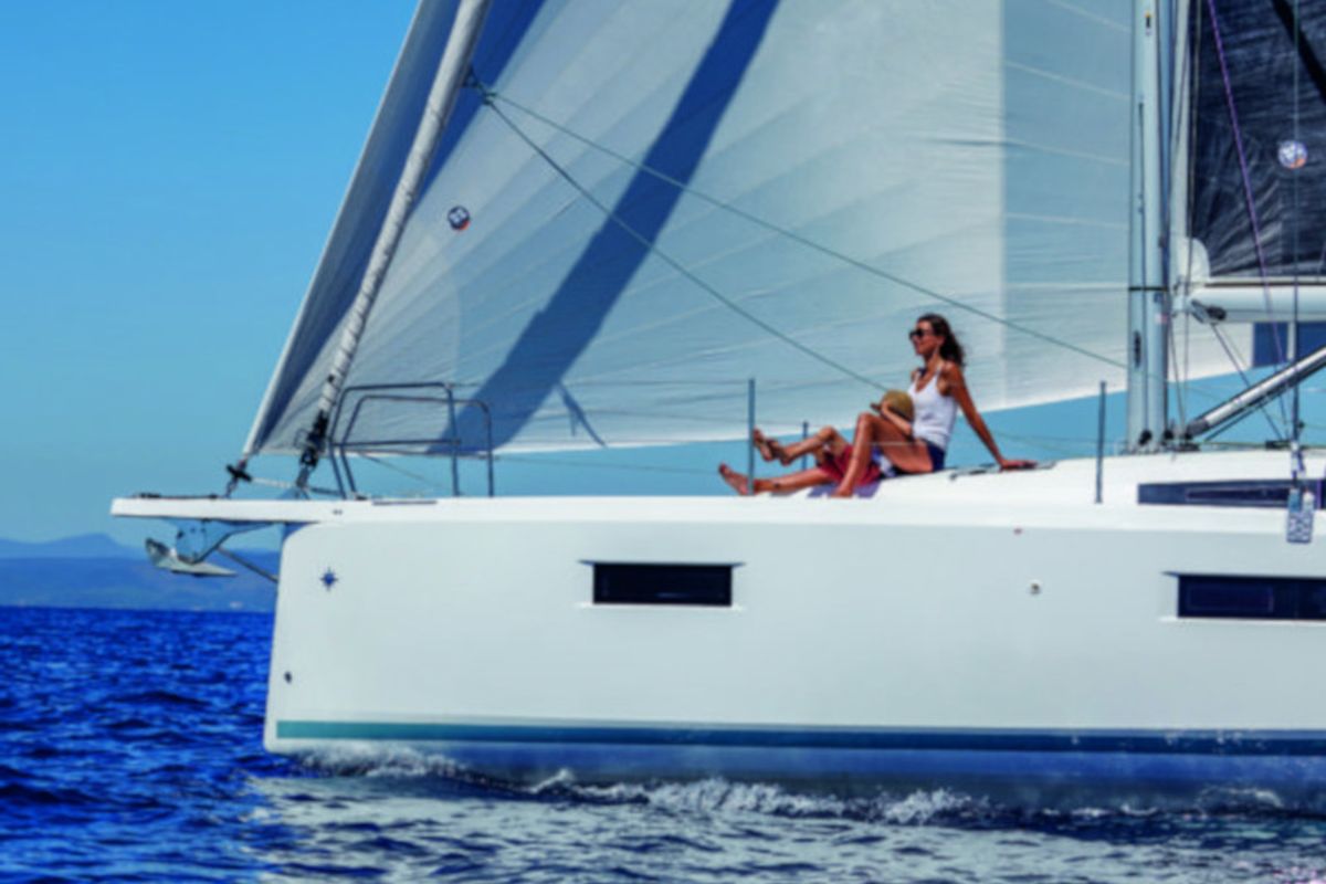 Exterior view of Chimera, a Jeanneau Sun Odyssey 410 sailboat at Municipal Unit of Lefkada, Greece