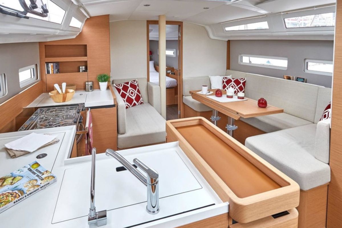 Salon of Chimera, a Jeanneau Sun Odyssey 410 sailboat at Municipal Unit of Lefkada, Greece