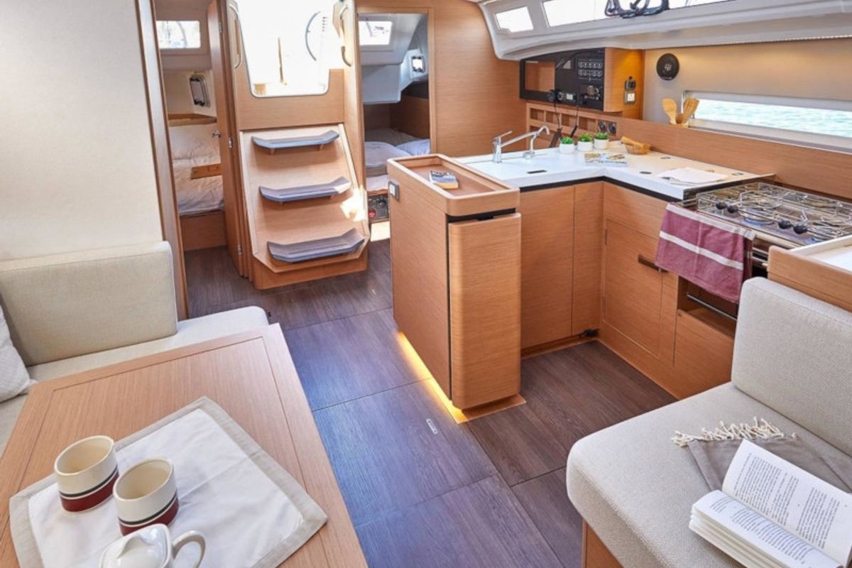 Salon of Chimera, a Jeanneau Sun Odyssey 410 sailboat at Municipal Unit of Lefkada, Greece