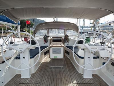 Cockpit of Aziza, a Bavaria Cruiser 50 sailboat at Fethiye, Turkey