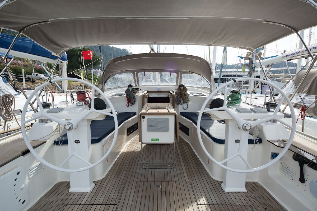 Cockpit of Aziza, a Bavaria Cruiser 50 sailboat at Fethiye, Turkey