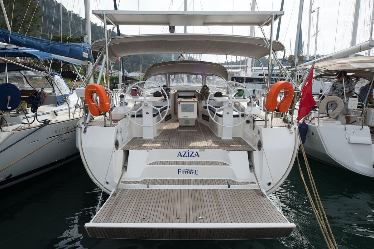 Exterior view of Aziza, a Bavaria Cruiser 50 sailboat at Fethiye, Turkey