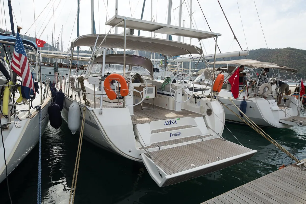 Exterior view of Aziza, a Bavaria Cruiser 50 sailboat at Fethiye, Turkey