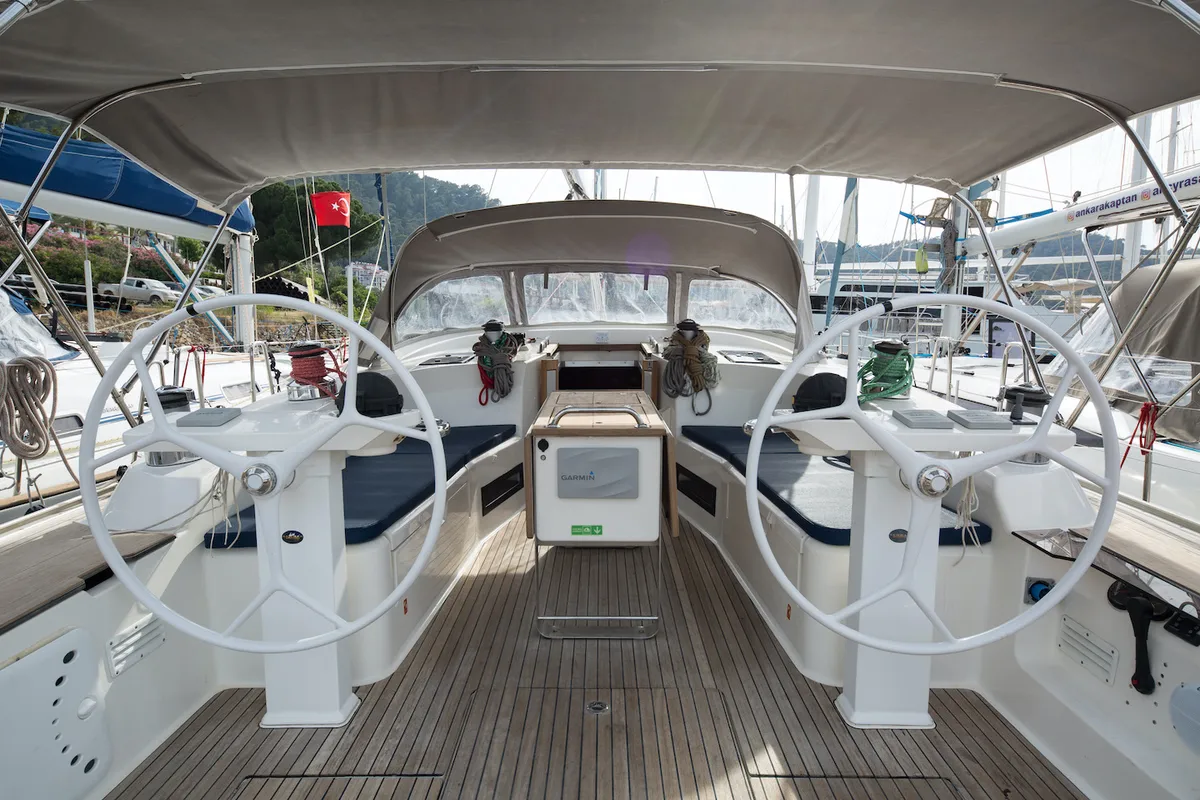 Cockpit of Aziza, a Bavaria Cruiser 50 sailboat at Fethiye, Turkey