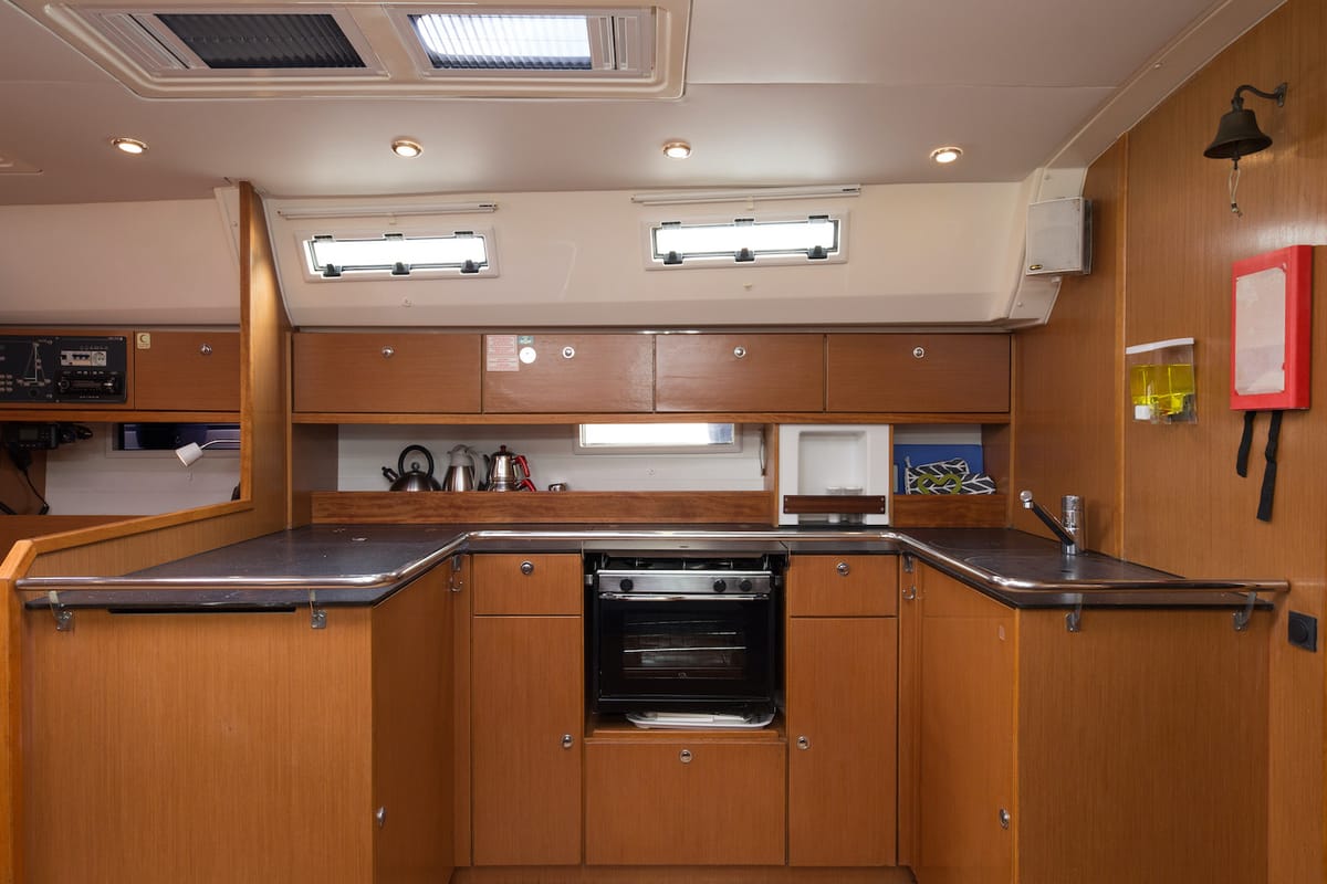 Galley of Aziza, a Bavaria Cruiser 50 sailboat at Fethiye, Turkey