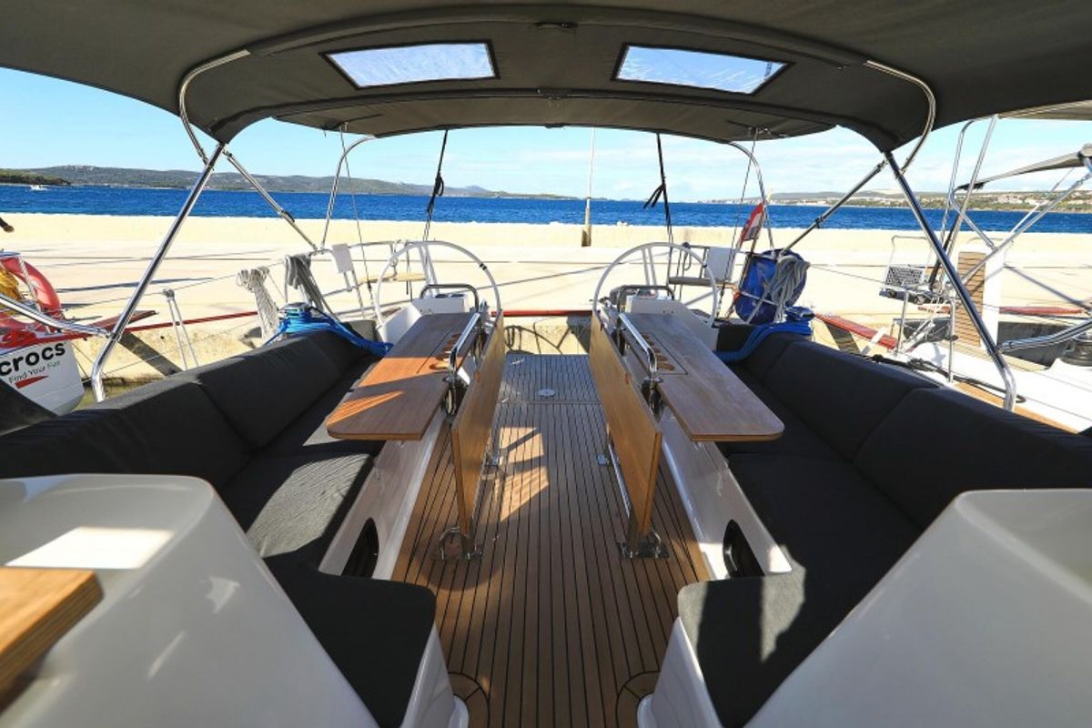 Deck of Ianira, a Elan Impression 45.1 sailboat at Grad Biograd na Moru, Croatia