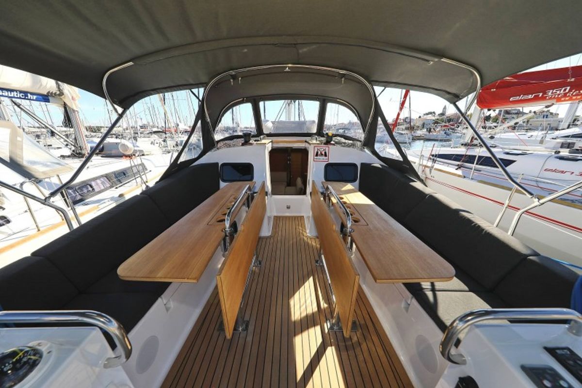 Deck of Ianira, a Elan Impression 45.1 sailboat at Grad Biograd na Moru, Croatia