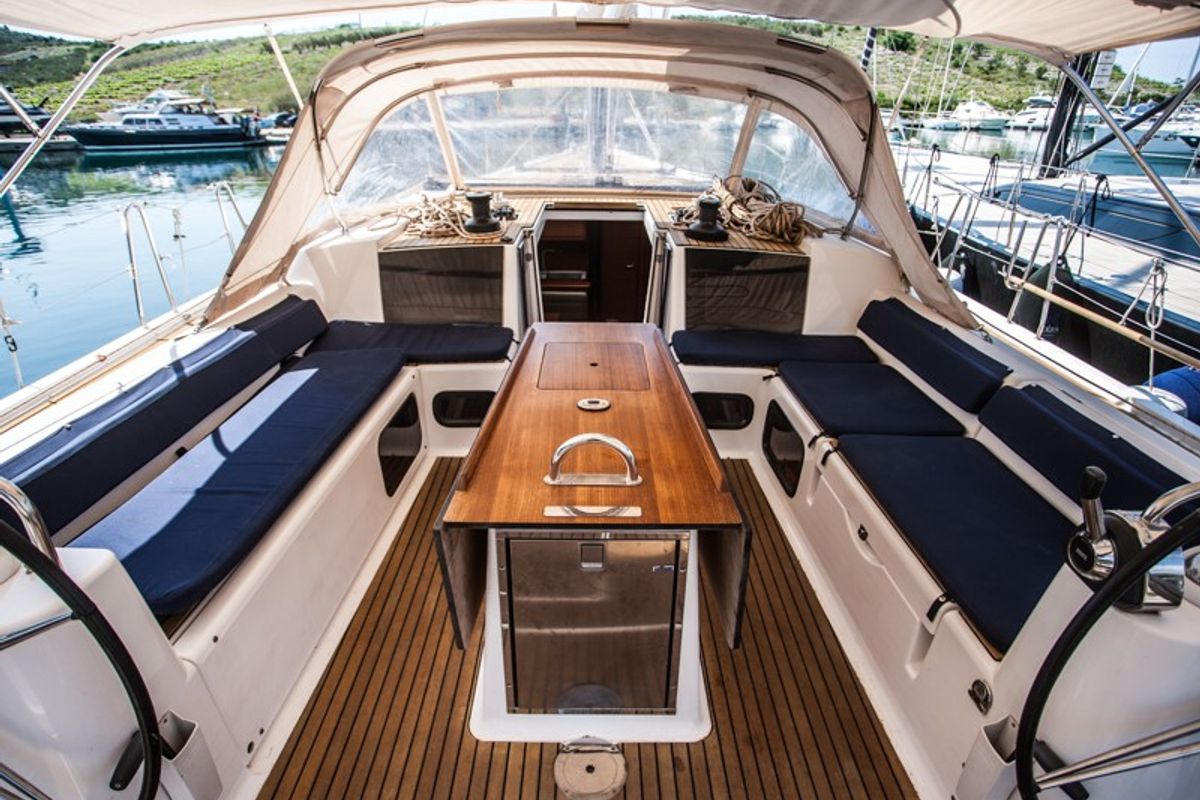 Cockpit of Tefnut, a Dufour Exclusive 56 sailboat at Primošten, Croatia