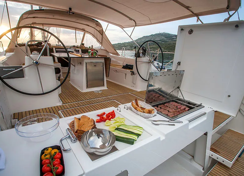 Cockpit of Tefnut, a Dufour Exclusive 56 sailboat at Primošten, Croatia