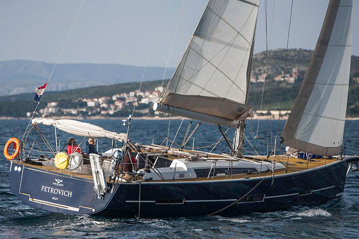 Exterior view of Tefnut, a Dufour Exclusive 56 sailboat at Primošten, Croatia