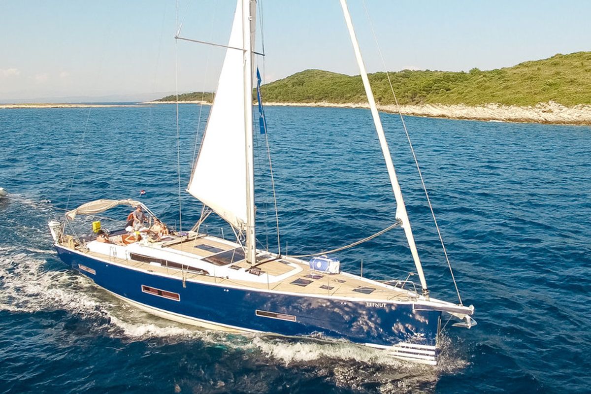 Exterior view of Tefnut, a Dufour Exclusive 56 sailboat at Primošten, Croatia