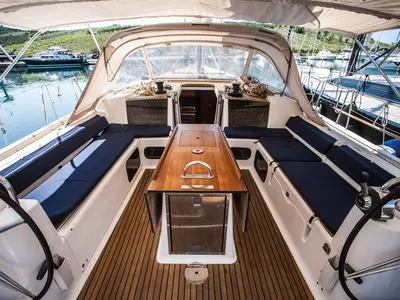 Cockpit of Tefnut, a Dufour Exclusive 56 sailboat at Primošten, Croatia