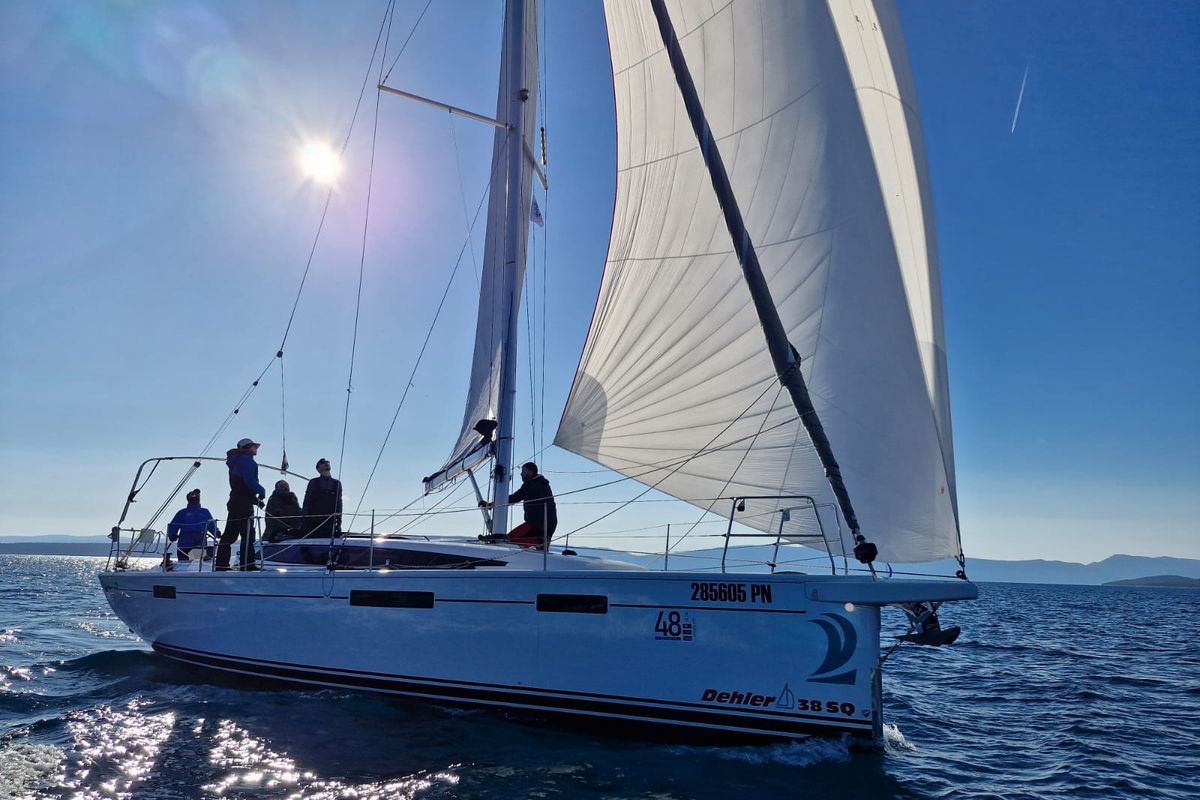 Exterior view of Ship Happens, a Dehler 38 sailboat at Punat, Croatia