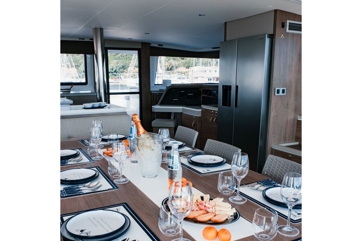 Salon of Alfa.bm2, a Bali 5.4 catamaran at Tonnarella, Italy