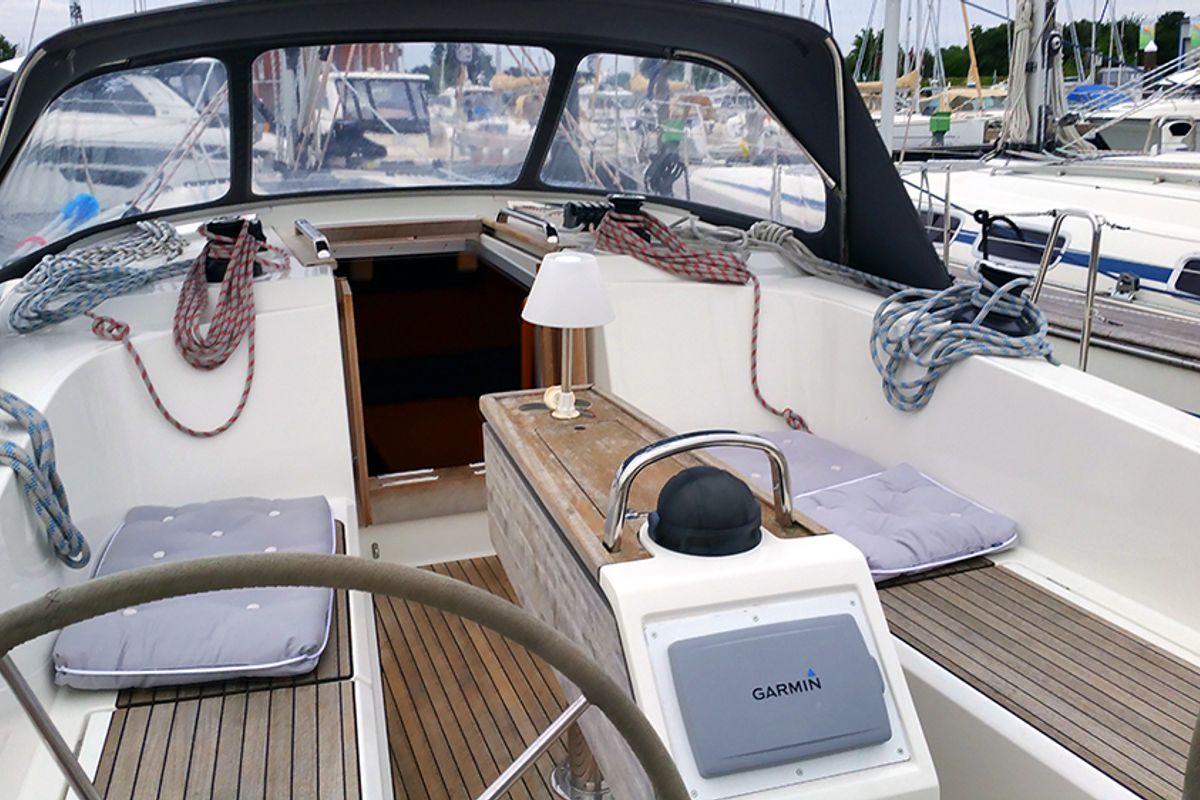 Cockpit of Fireball, a Bavaria Cruiser 41 sailboat at Llucmajor, Spain