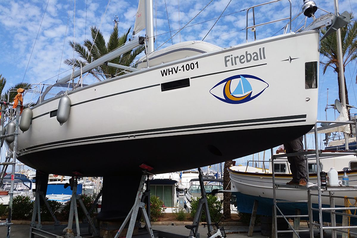 Exterior view of Fireball, a Bavaria Cruiser 41 sailboat at Llucmajor, Spain