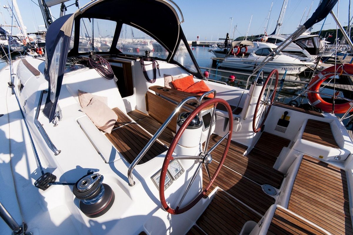 Cockpit of Juna, a Jeanneau Sun Odyssey 39i sailboat at Gdańsk, Poland