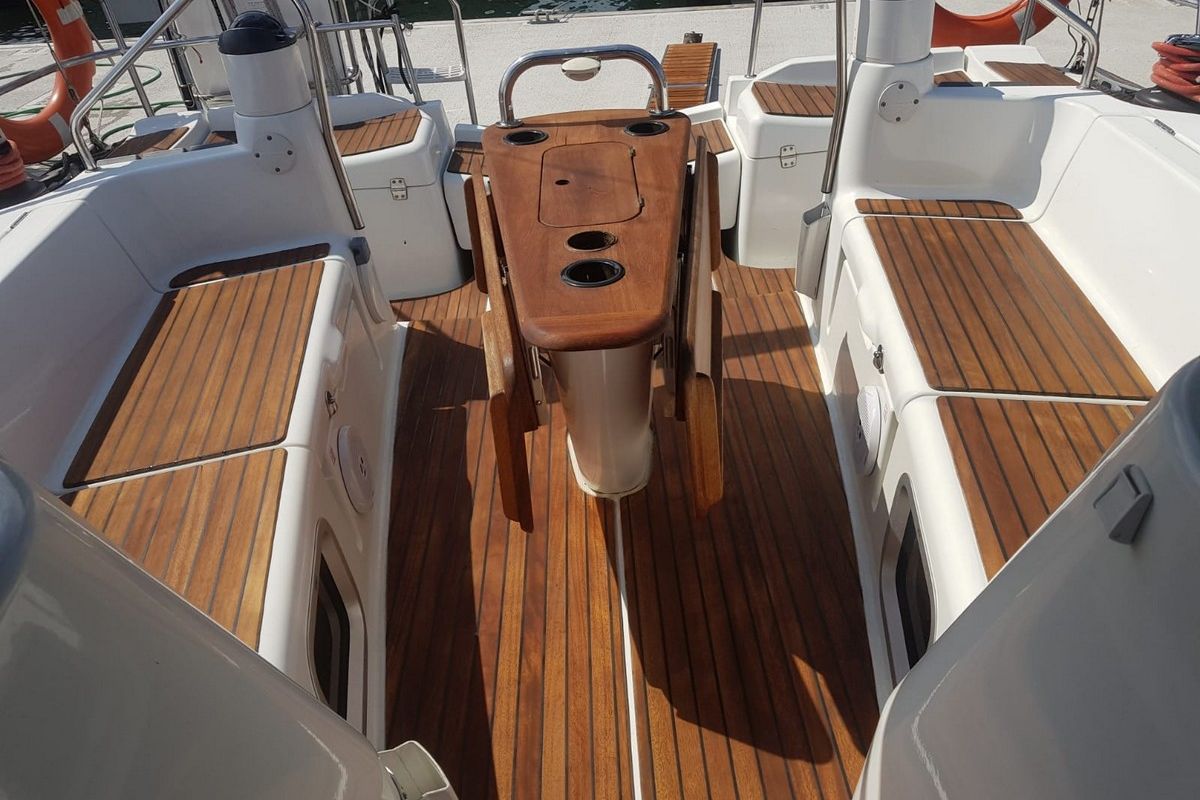 Deck of Juna, a Jeanneau Sun Odyssey 39i sailboat at Gdańsk, Poland