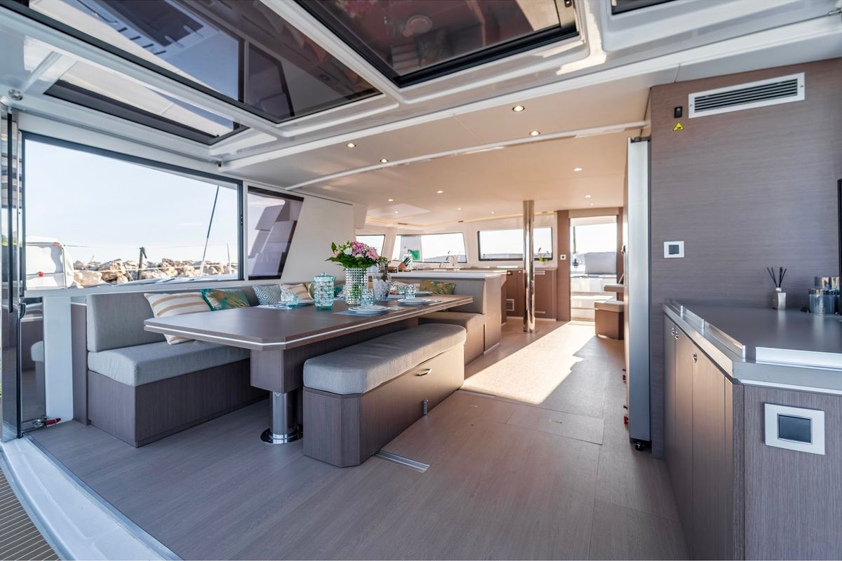 Salon of Signature Vision (2022), a Bali 5.4 catamaran at Olbia, Italy
