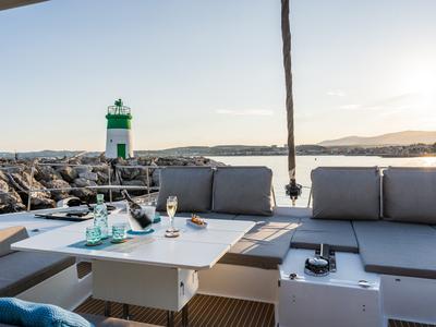 Deck of Signature Vision (2022), a Bali 5.4 catamaran at Olbia, Italy