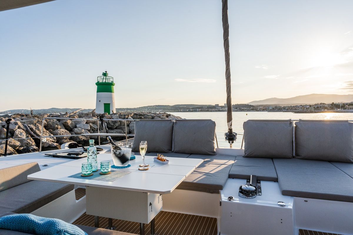 Deck of Signature Vision (2022), a Bali 5.4 catamaran at Olbia, Italy
