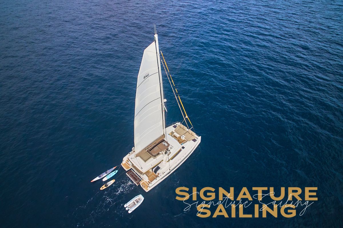 Exterior view of Signature Vision (2022), a Bali 5.4 catamaran at Olbia, Italy