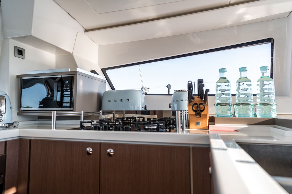 Galley of Signature Vision (2022), a Bali 5.4 catamaran at Olbia, Italy