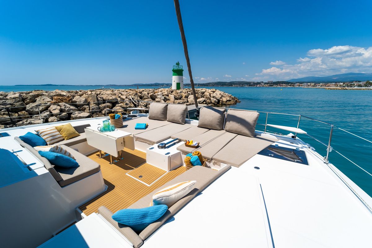 Deck of Signature Vision (2022), a Bali 5.4 catamaran at Olbia, Italy