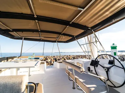 Cockpit of Signature Vision (2022), a Bali 5.4 catamaran at Olbia, Italy