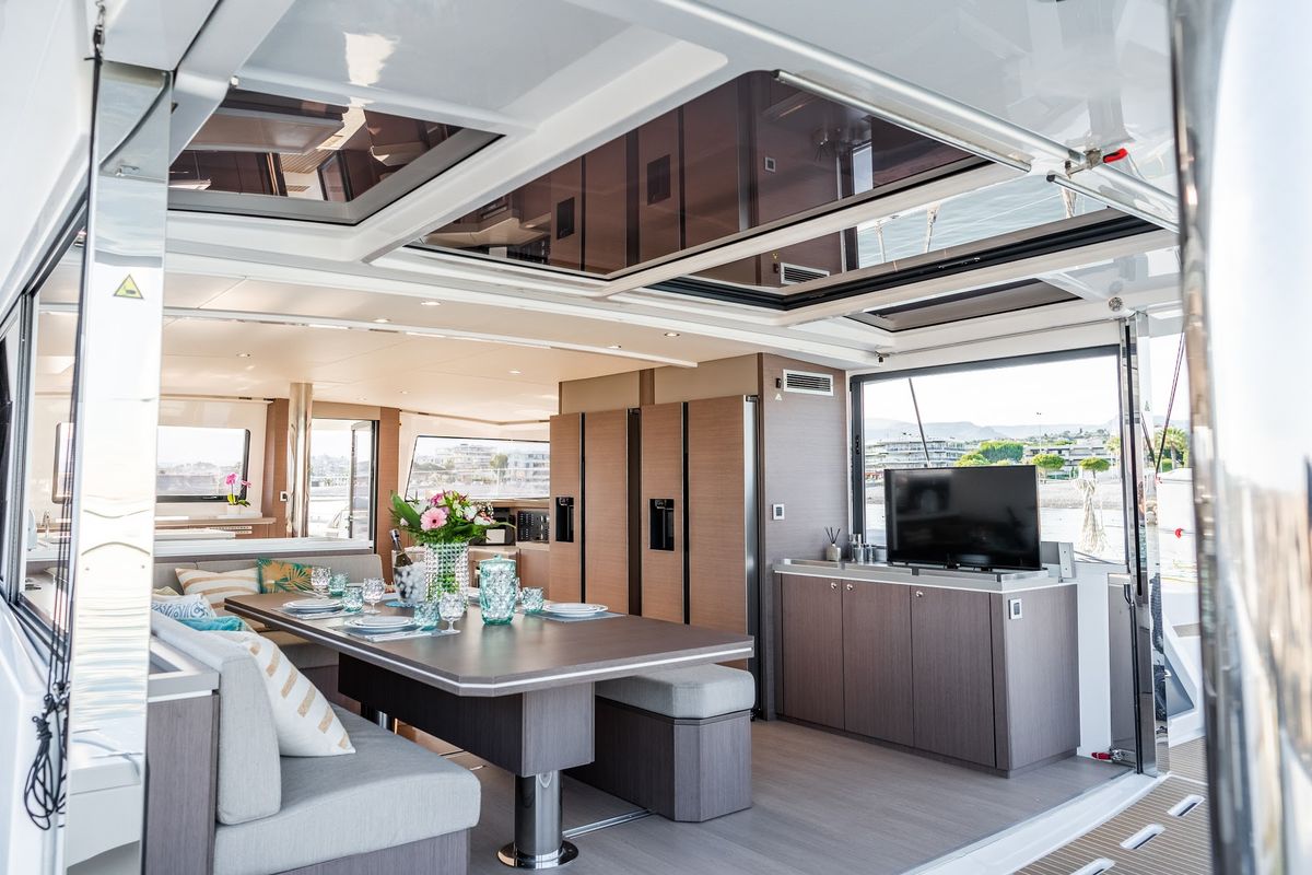 Salon of Signature Vision (2022), a Bali 5.4 catamaran at Olbia, Italy