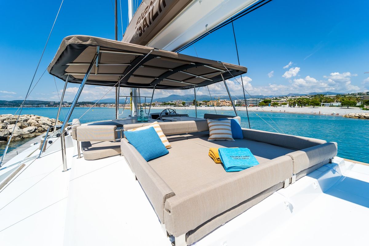 Deck of Signature Vision (2022), a Bali 5.4 catamaran at Olbia, Italy