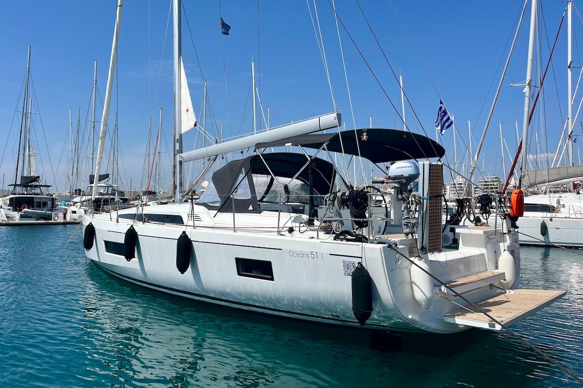 Exterior view of Olga, a Beneteau Oceanis 51.1 sailboat at Athens, Greece