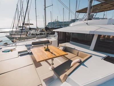 Deck of Sikelia, a Bali 5.4 catamaran at Capo d'Orlando, Italy