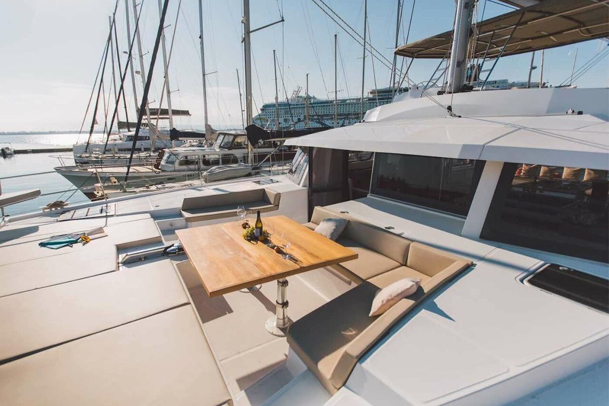 Deck of Sikelia, a Bali 5.4 catamaran at Capo d'Orlando, Italy
