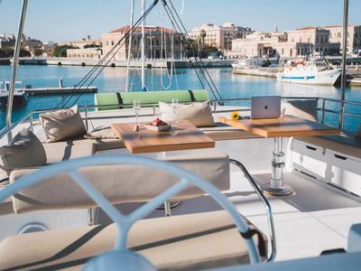 Cockpit of Sikelia, a Bali 5.4 catamaran at Capo d'Orlando, Italy