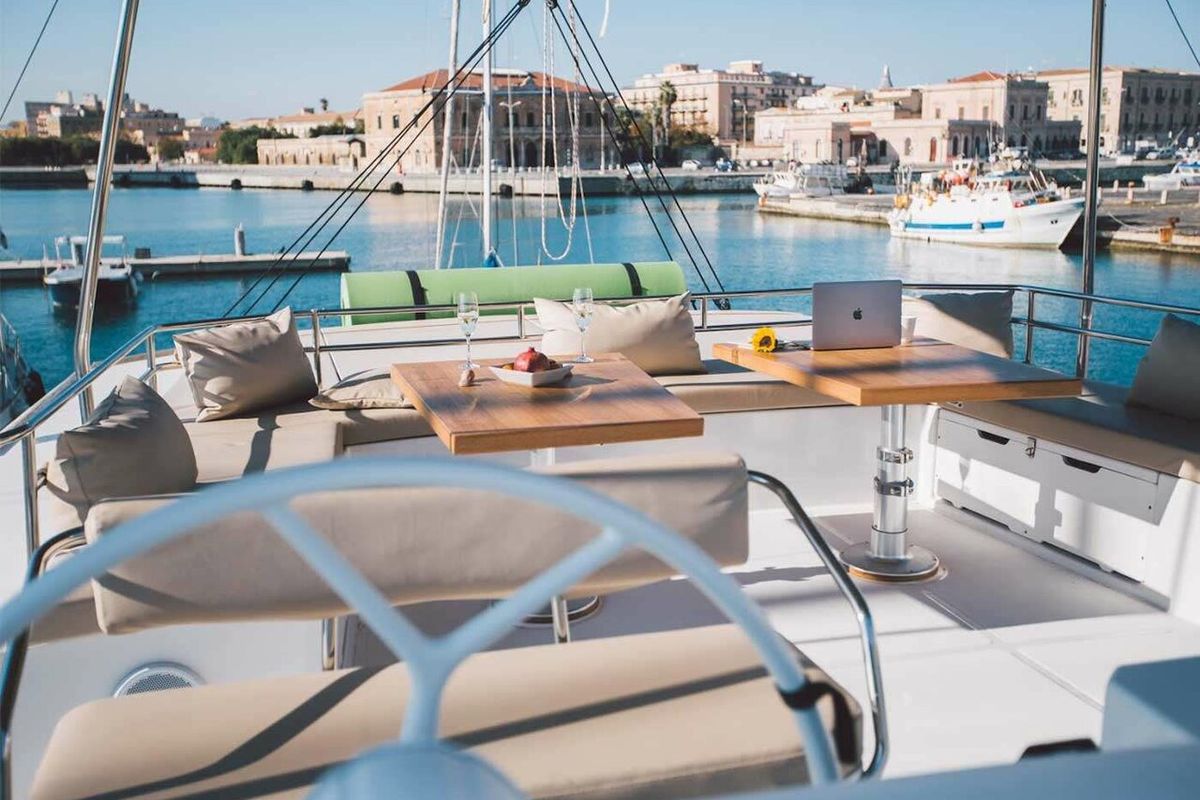 Cockpit of Sikelia, a Bali 5.4 catamaran at Capo d'Orlando, Italy