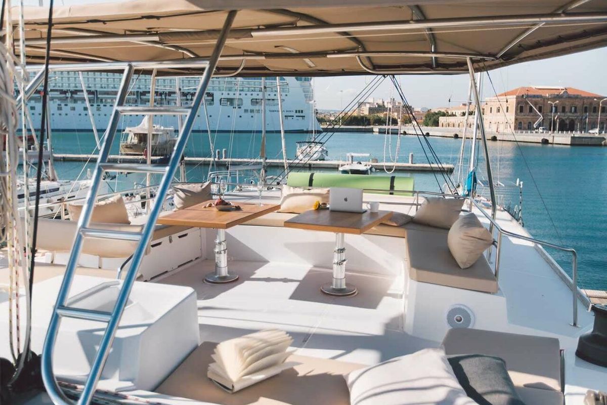 Deck of Sikelia, a Bali 5.4 catamaran at Capo d'Orlando, Italy