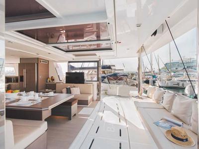Salon of Sikelia, a Bali 5.4 catamaran at Capo d'Orlando, Italy