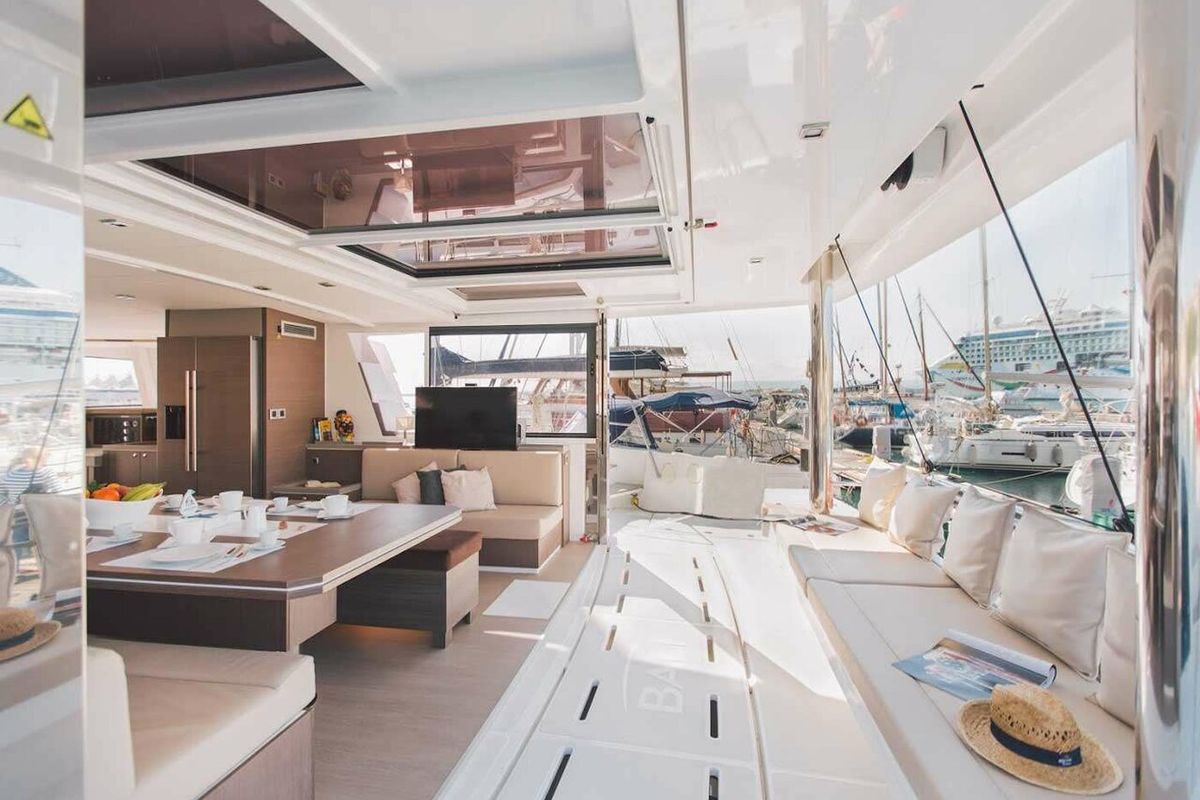 Salon of Sikelia, a Bali 5.4 catamaran at Capo d'Orlando, Italy