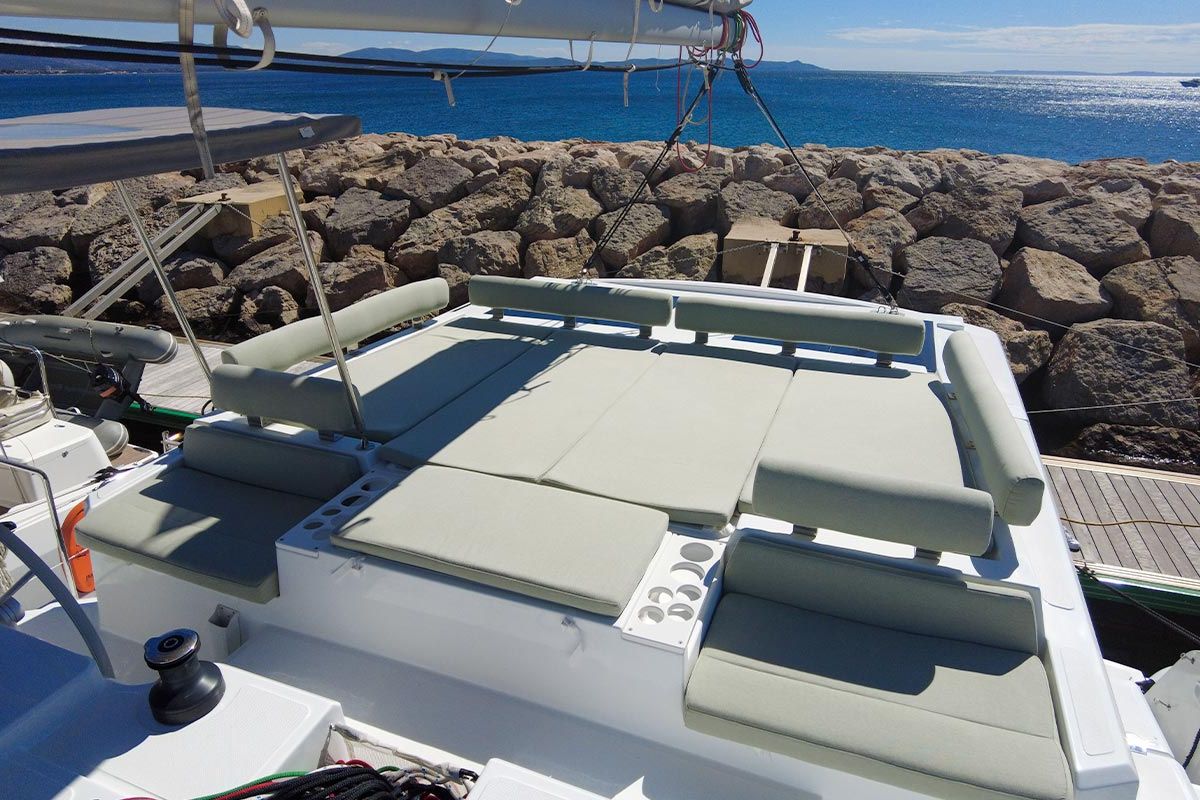 Deck of Black Swan, a Bali Catspace catamaran at Hyères, France
