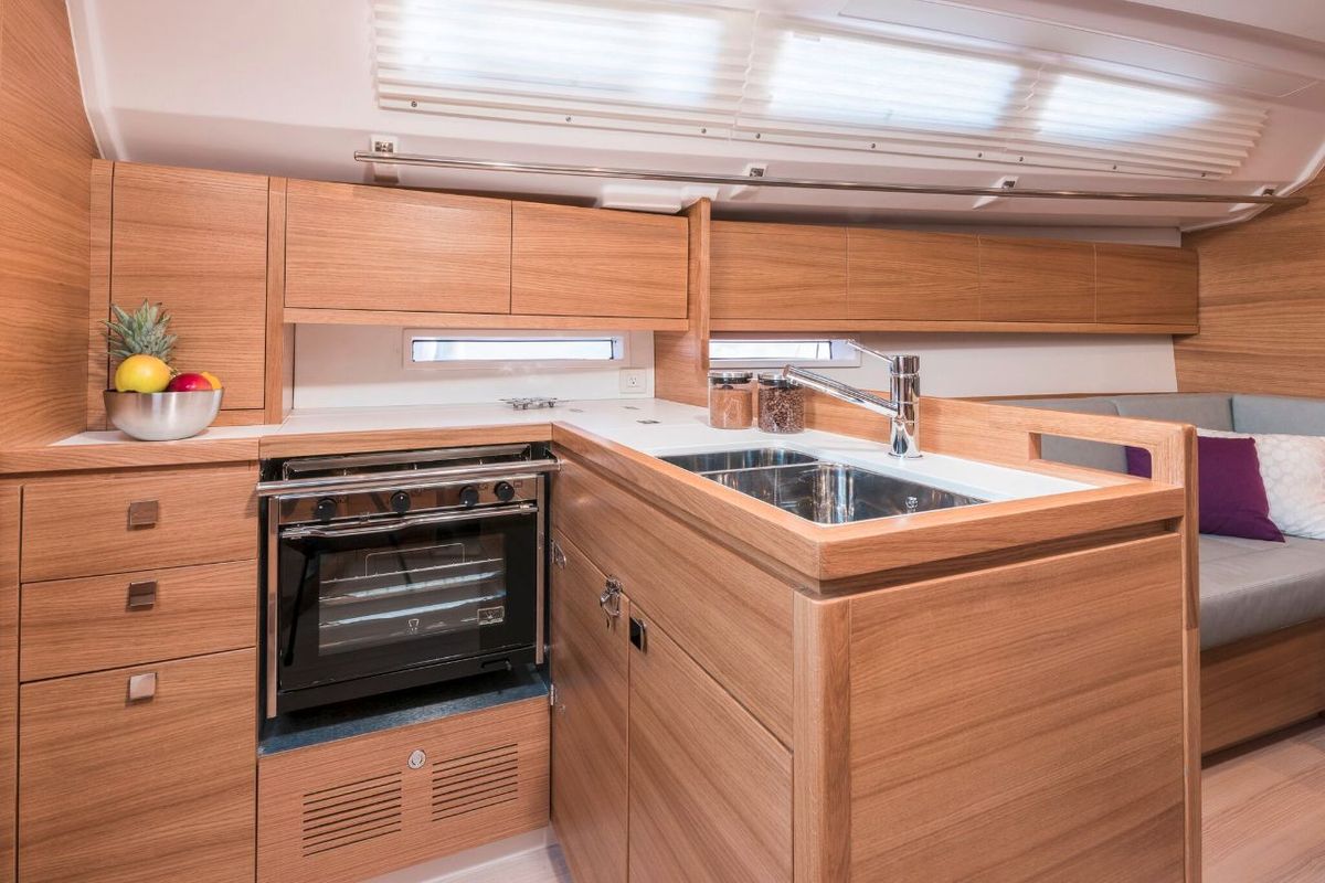 Galley of Navis Celere, a AD Boats Salona 380 sailboat at Grad Kaštela, Croatia