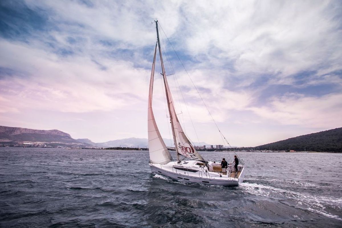 Exterior view of Navis Celere, a AD Boats Salona 380 sailboat at Grad Kaštela, Croatia