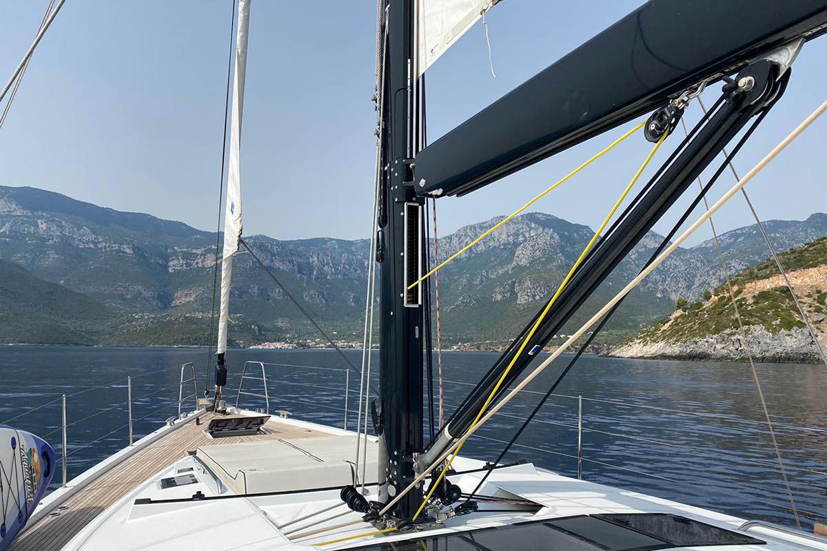 Deck of Penultimo , a Beneteau Oceanis Yacht 62 - 4 + 1	 sailboat at Athens, Greece