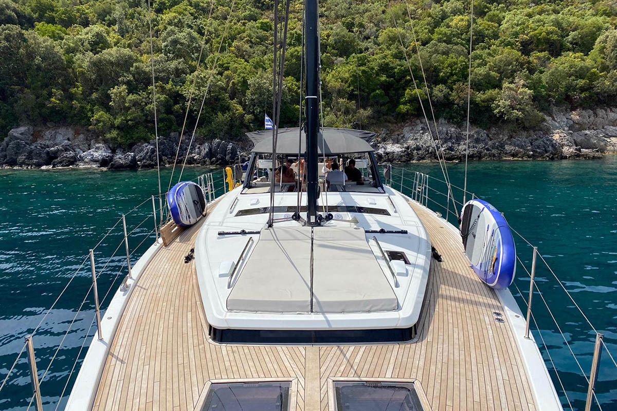 Deck of Penultimo , a Beneteau Oceanis Yacht 62 - 4 + 1	 sailboat at Athens, Greece