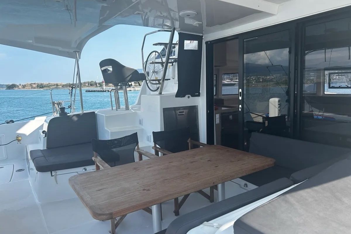 Deck of Marebella (Pax 12), a Lagoon 42 catamaran at Municipal Unit of Lefkada, Greece