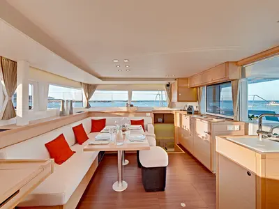 Salon of Luna, a Lagoon 450 F catamaran at Fethiye, Turkey